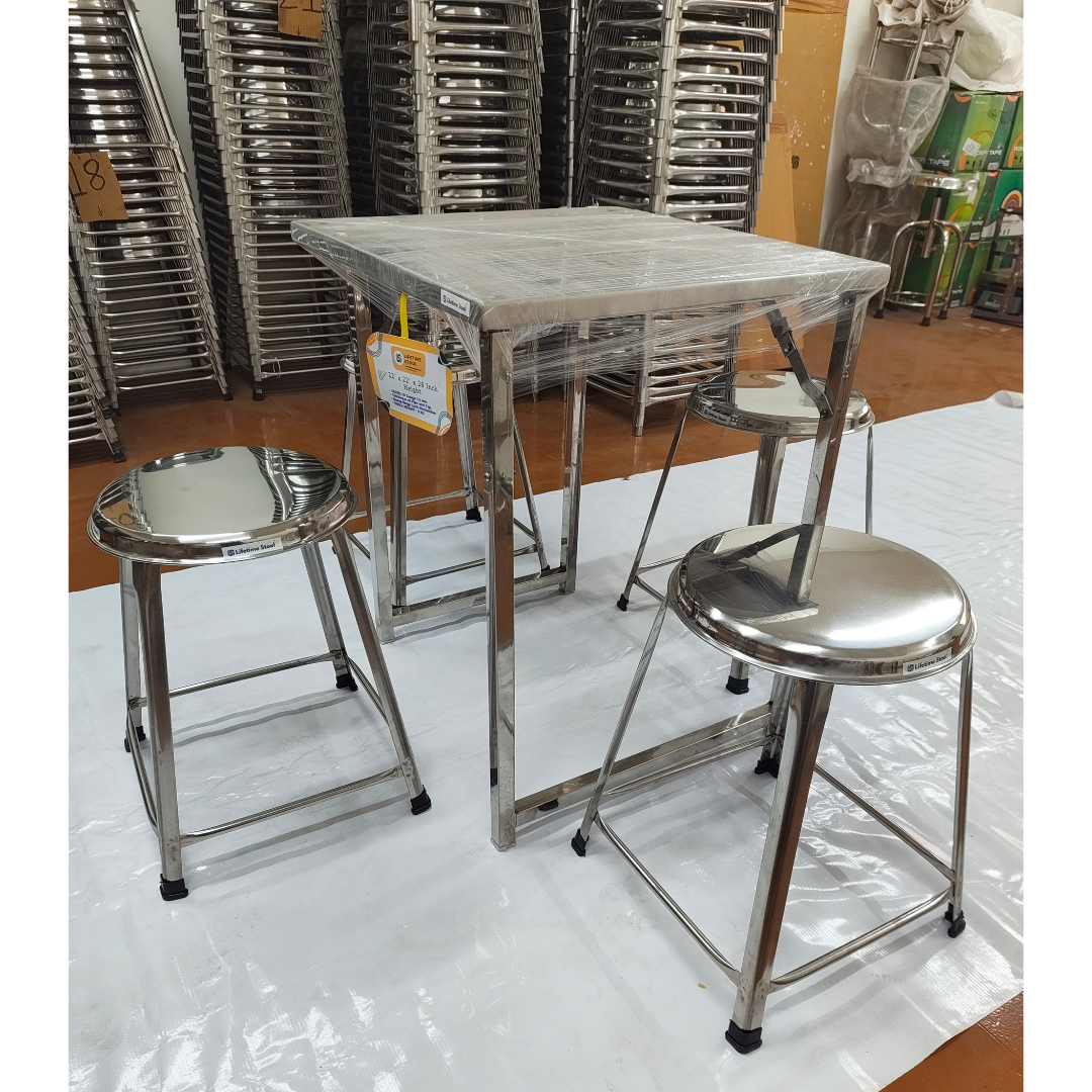 Set of 4 Seater Folding Table and Stools 22 x 22 inch Top 28 inch Height SS202 Grade (Set of 1 Table and 4 Stools))