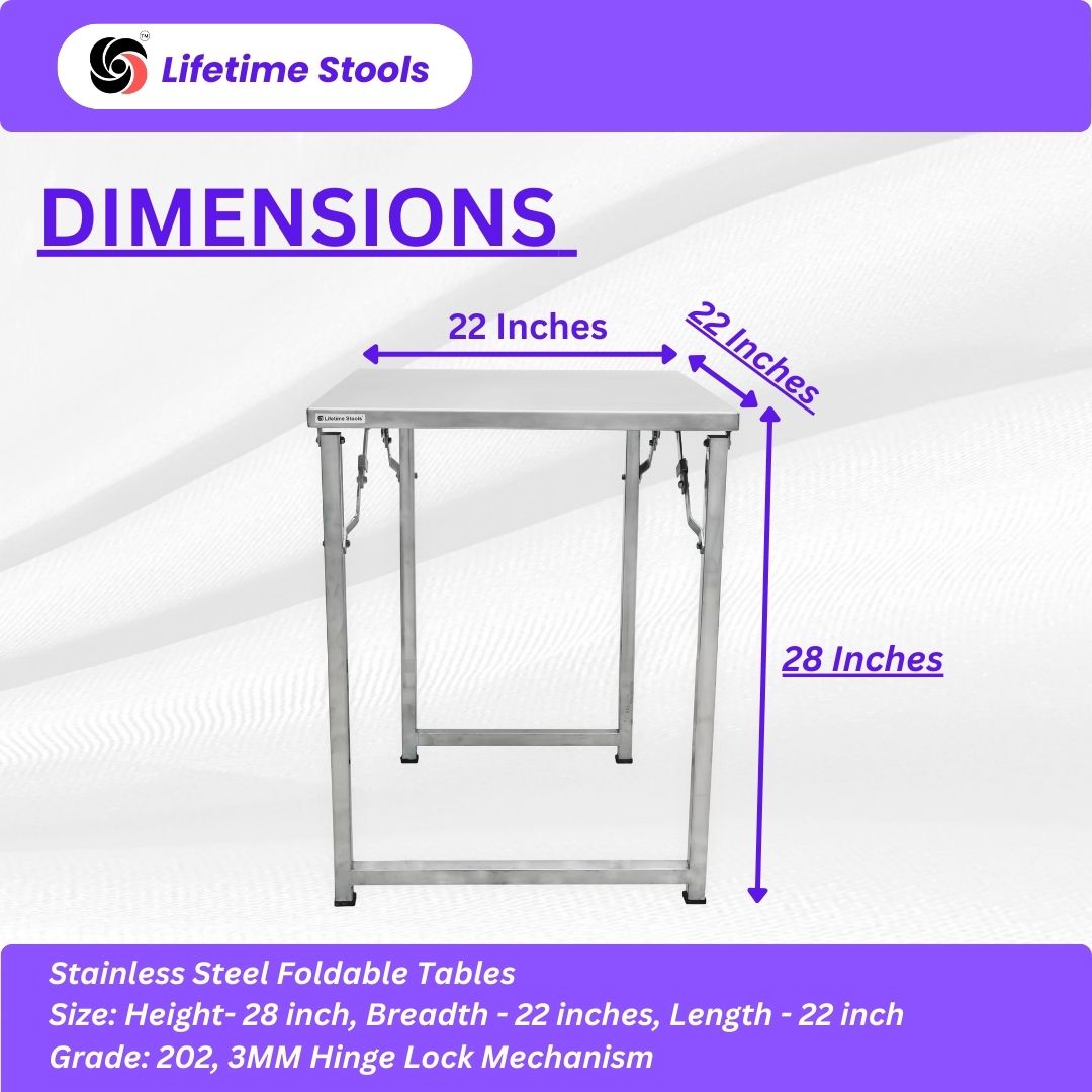 Lifetime Stools Commercial Use Stainless Steel Folding Table, 22" x 22" x 28" Height, 18 Gauge 202 Grade, Heavy Duty Multi-Purpose