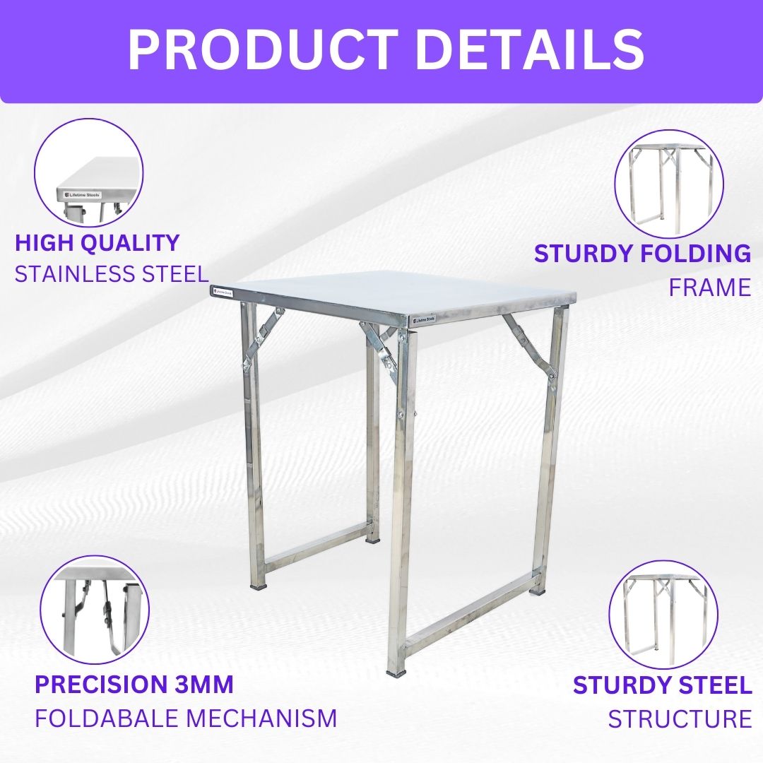 Lifetime Stools Commercial Use Stainless Steel Folding Table, 22" x 22" x 28" Height, 18 Gauge 202 Grade, Heavy Duty Multi-Purpose