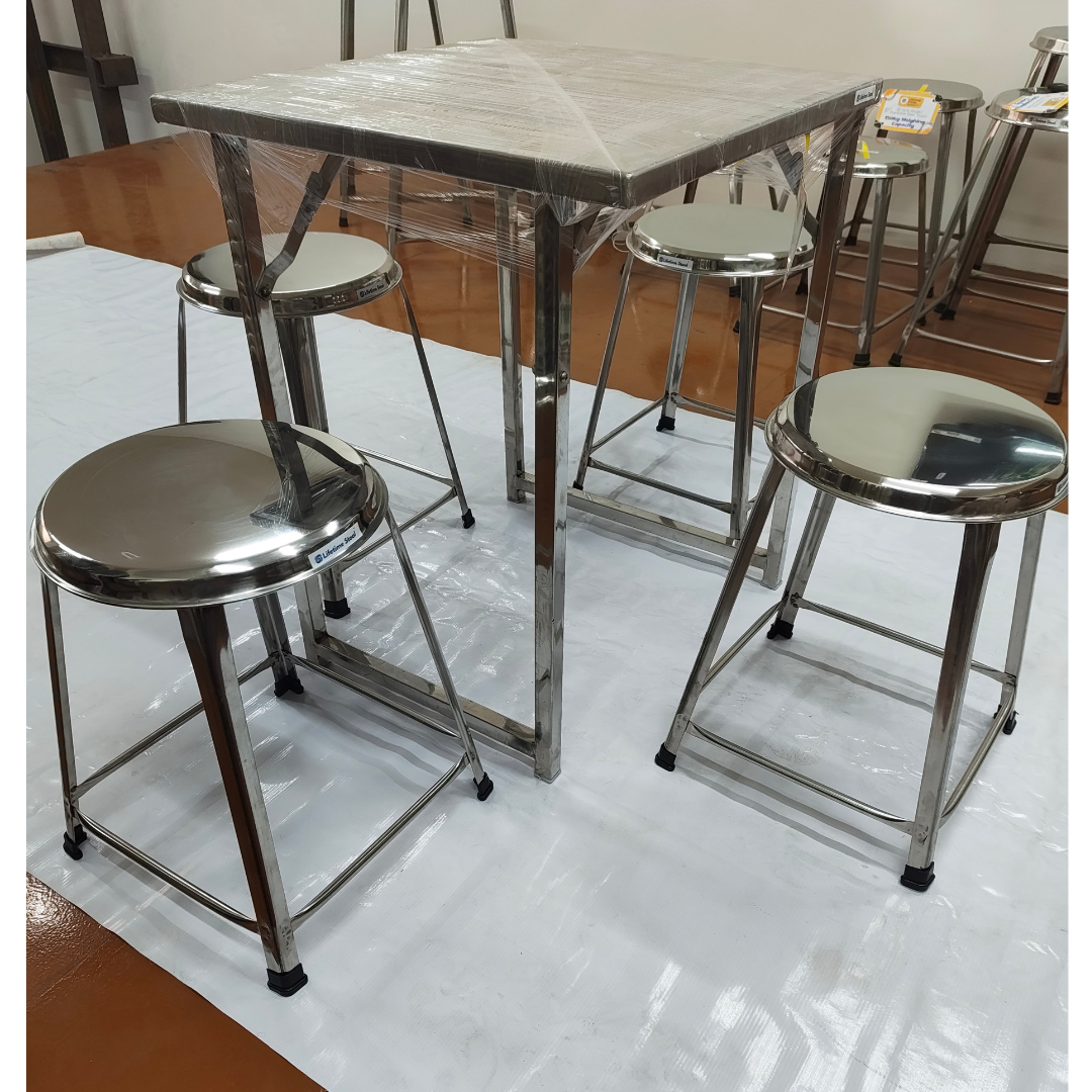 Set of 4 Seater Folding Table and Stools 22 x 22 inch Top 28 inch Height SS202 Grade (Set of 1 Table and 4 Stools))