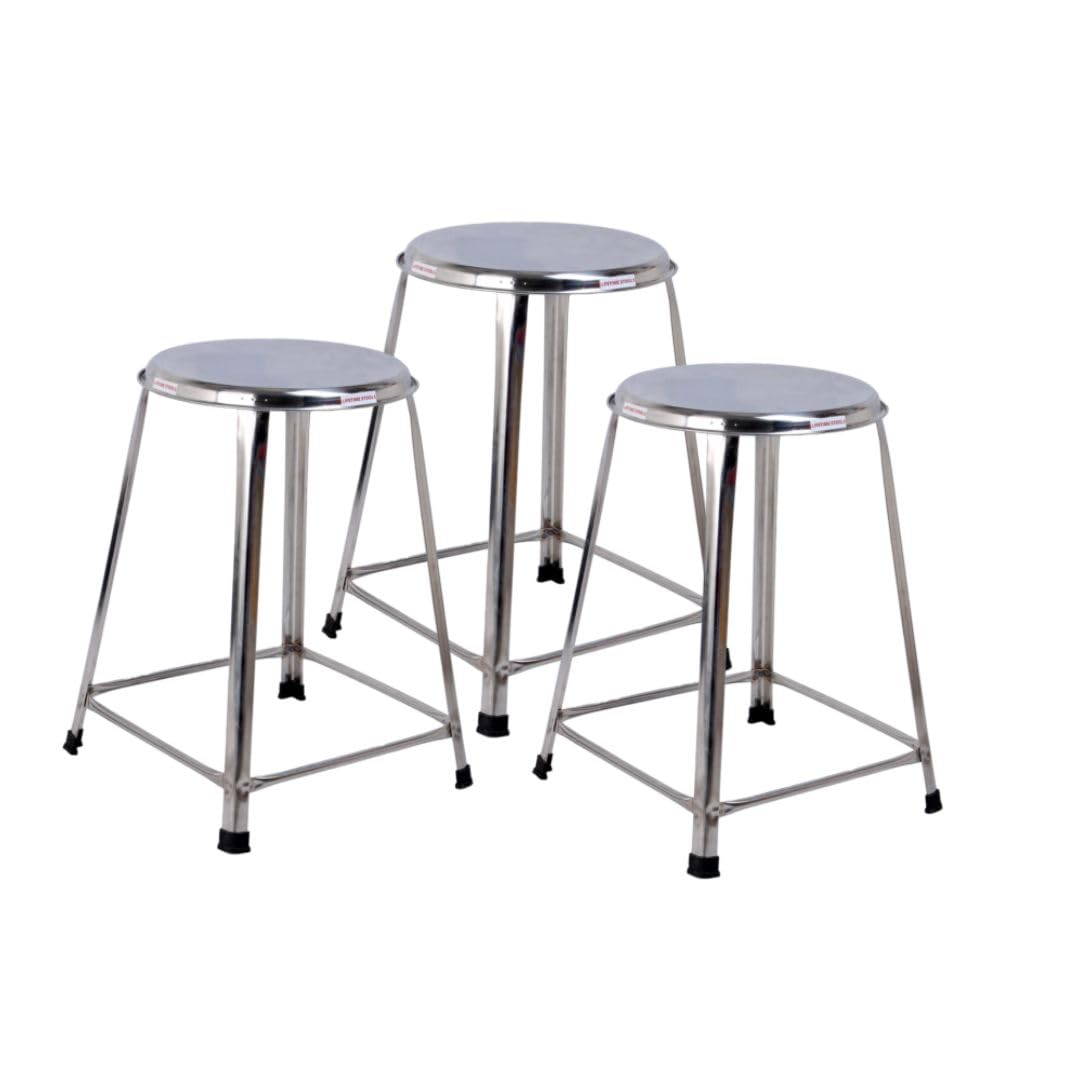 Lifetime Stools Stainless Steel Stool For Sitting,Round Shape - Home,Doctor,Medical Stool/Salon Stool/Warehouse Stool/Garage Stool/Stool For Bathroom/Multipurpose Stool (Pack Of 5,18 Inches),Silver
