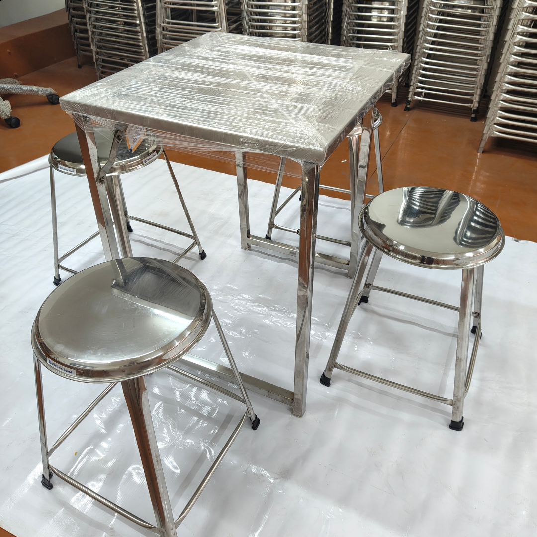 Set of 4 Seater Folding Table and Stools 22 x 22 inch Top 28 inch Height SS202 Grade (Set of 1 Table and 4 Stools))