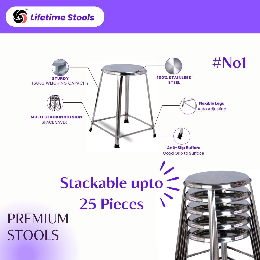 Lifetime Stools 24 Inch Stainless Steel Stool For Sitting, Round Shape - Home,Doctor,Medical Stool/Salon Stool/Warehouse Stool/Garage Stool/Multipurpose Stool (Pack Of 4, Silver)