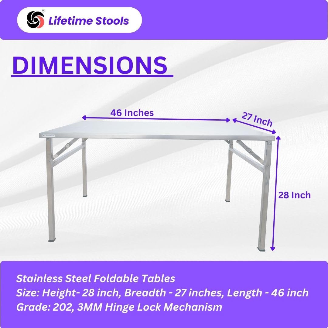 Lifetime Stools 150 kg Weight Load Capacity Heavy Duty Commercial Use Stainless Steel Folding Table, 46" x 27" x 28" Height, 18 Gauge 202 Grade, Heavy Duty Multi-Purpose