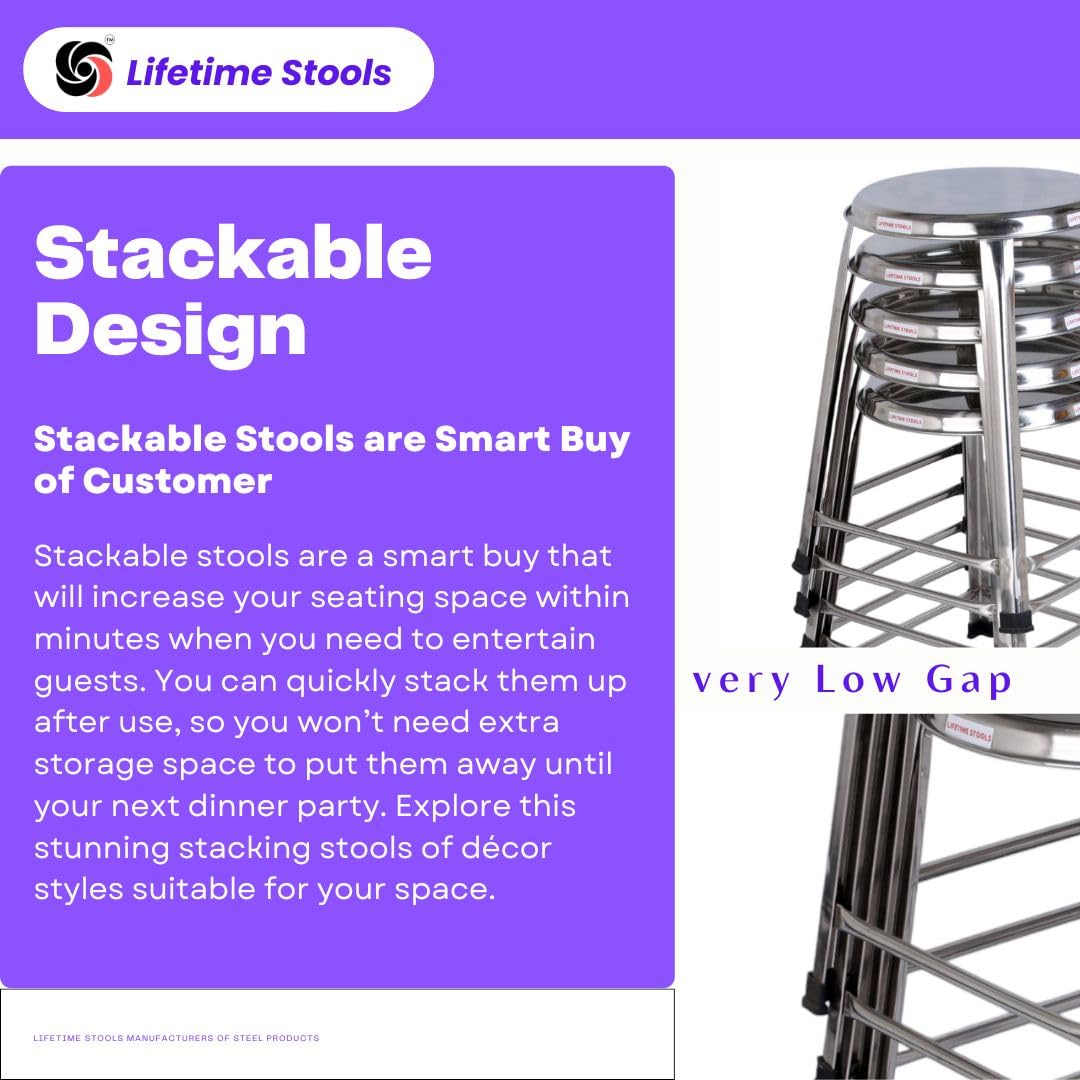 Lifetime Stools 24 Inch Stainless Steel Stool For Sitting, Round Shape - Home,Doctor,Medical Stool/Salon Stool/Warehouse Stool/Garage Stool/Multipurpose Stool (Pack Of 4, Silver)