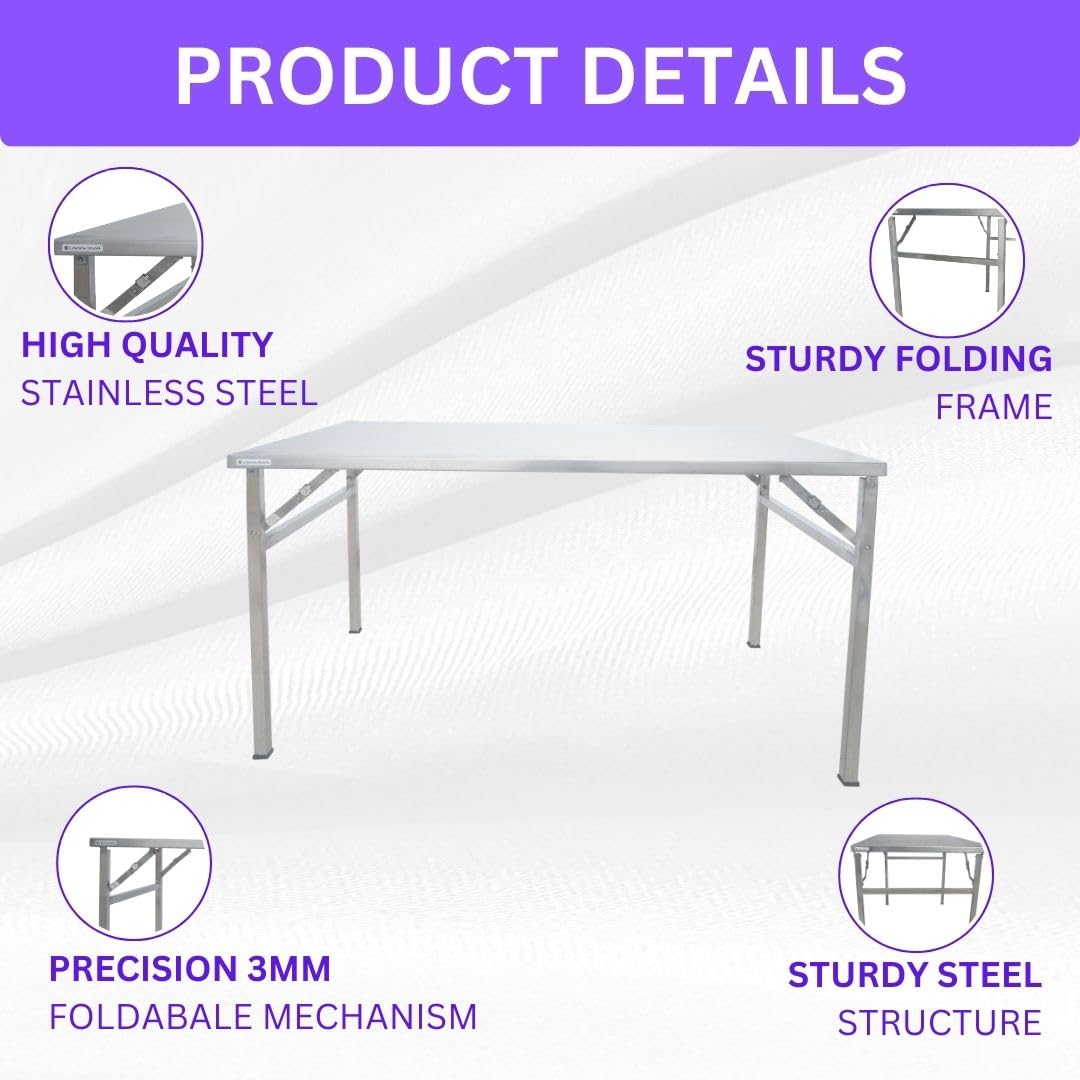 Lifetime Stools 150 kg Weight Load Capacity Heavy Duty Commercial Use Stainless Steel Folding Table, 46" x 27" x 28" Height, 18 Gauge 202 Grade, Heavy Duty Multi-Purpose