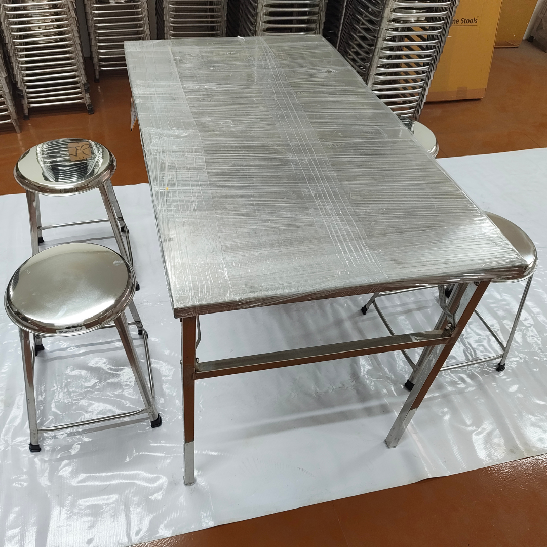 Set of 4 Seater Folding Table and Stools SET 46 x 27 inch Top 28 inch Height SS202 Grade (Set of 1 Table and 4 Stools))