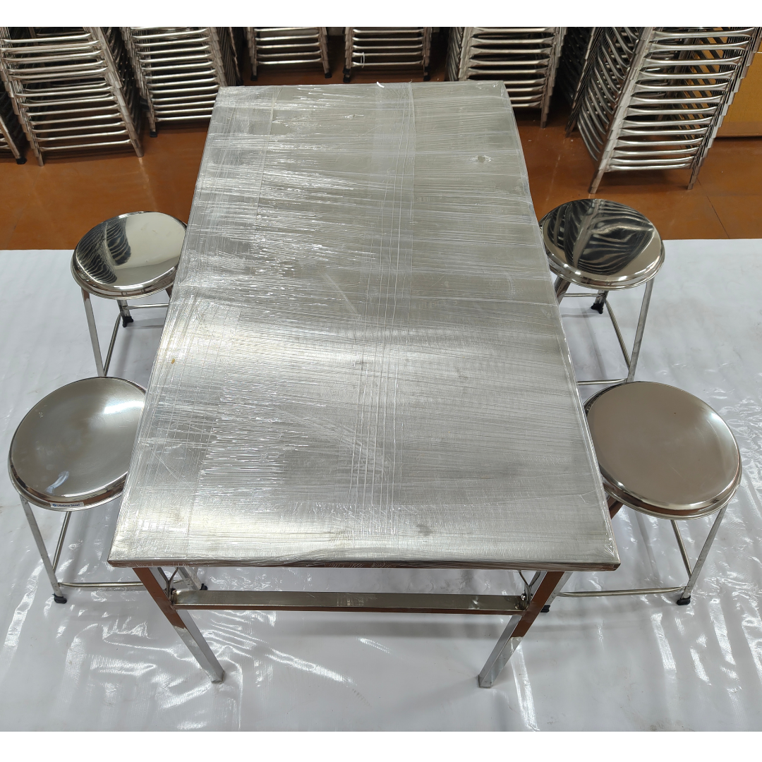 Set of 4 Seater Folding Table and Stools SET 46 x 27 inch Top 28 inch Height SS202 Grade (Set of 1 Table and 4 Stools))