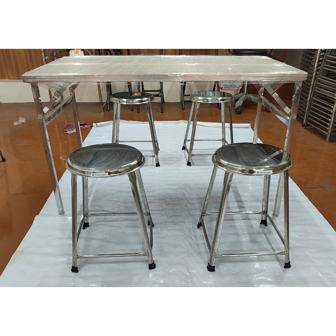 Set of 4 Seater Folding Table and Stools SET 46 x 27 inch Top 28 inch Height SS202 Grade (Set of 1 Table and 4 Stools))