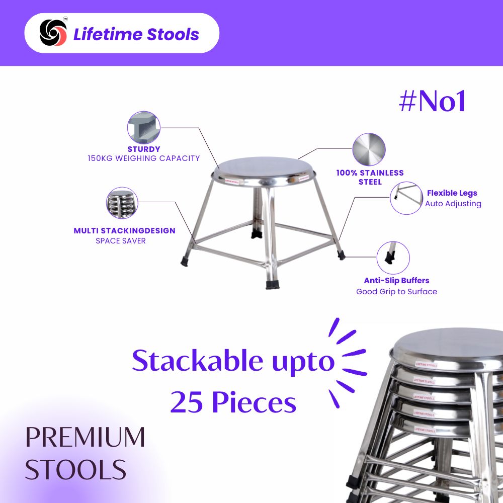 Lifetime Stools Stainless Steel Stool For Sitting, Round Shape - Home, Doctor, Medical Stool/Salon Stool/Warehouse Stool/Garage Stool/Stool For Bathroom/Multipurpose Stool