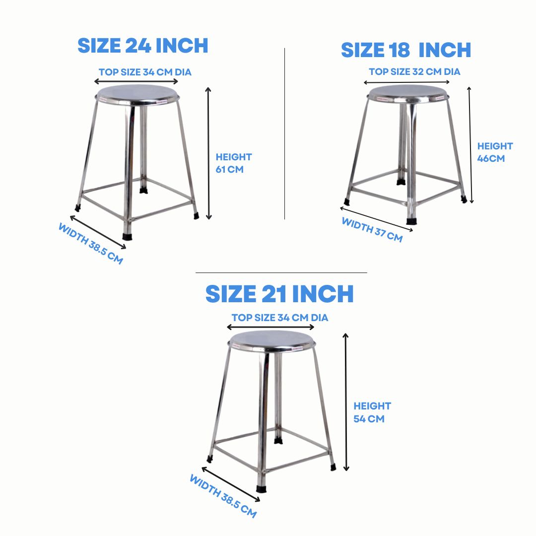 21 Inch

Stainless Steel Stackable Stool 21 Inch Height Heavy Duty

SS Stackable Stool 21 Inch for Kitchen and Commercial Use

🔹 18 Inch

Stainless Steel Stackable Stool 18 Inch Height Rust Proof

SS Stackable Stool 18 Inch Load Capacity 150 Kg

🔹 16 / 12 Inch

Stainless Steel Stackable Stool 16 Inch Height

SS Stackable Stool 12 Inch Height Compact Design